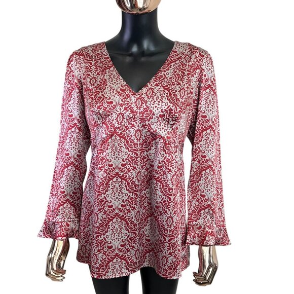 Sundance 100% Silk Red Floral Blouse Size 10 – Boho Luxe V-Neck Long Sleeve Top - Picture 2 of 10